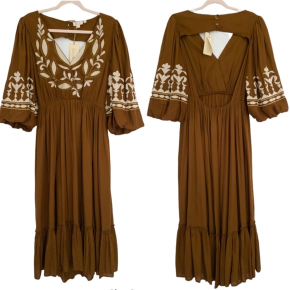 Anthropologie Boho Maxi Dress NWT Rich Brown Embroidered So Perfect & Stunning! - Picture 3 of 12